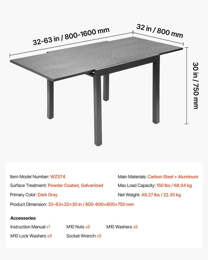 Ausziehbarer Outdoor-Terrassen-Esstisch, 80-160cm Rechteckige Hinterhof-Bistro-Tische für 4-6, Aluminiumrahmen Metall Stahlleisten, Wetterfest Groß