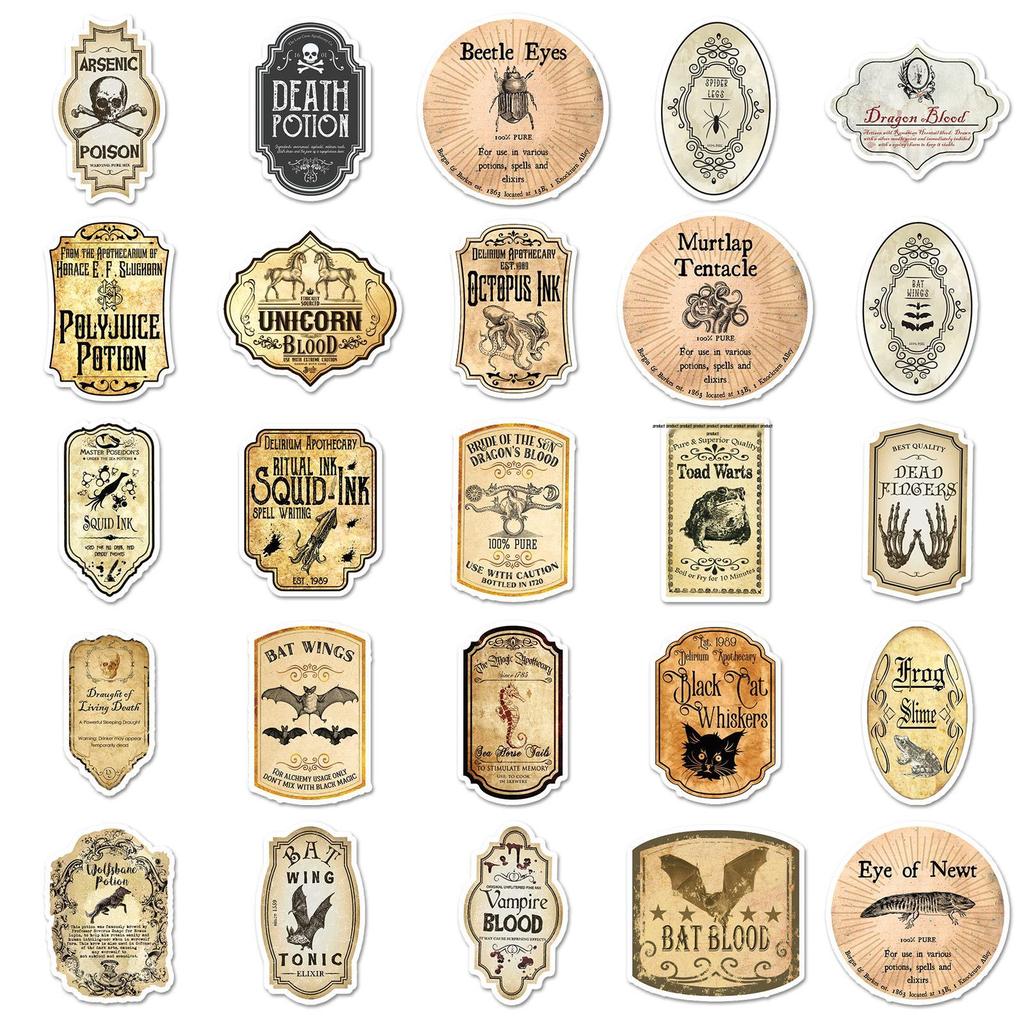 50pcs Retro Potion Label Stickers - Creative DIY Waterproof Skateboard & Luggage Decals