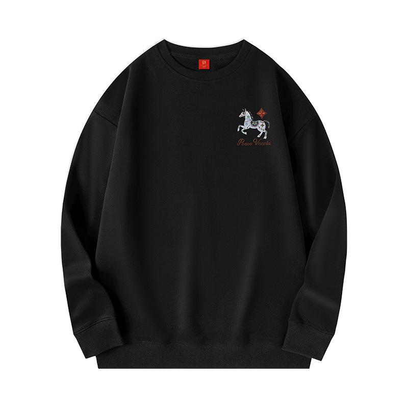 2026 Year of the Horse Color-Changing Embroidered Fleece Pullover - Trendy Round Neck Sweatshirt for Autumn/Winter