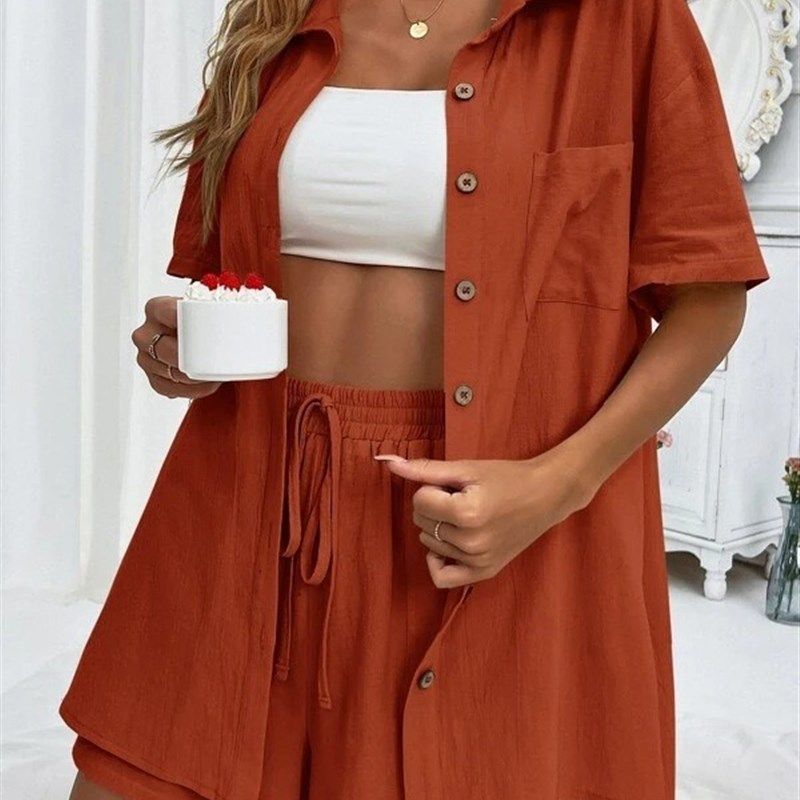 Short Sleeved Shorts Two Piece Shirt Set for Women