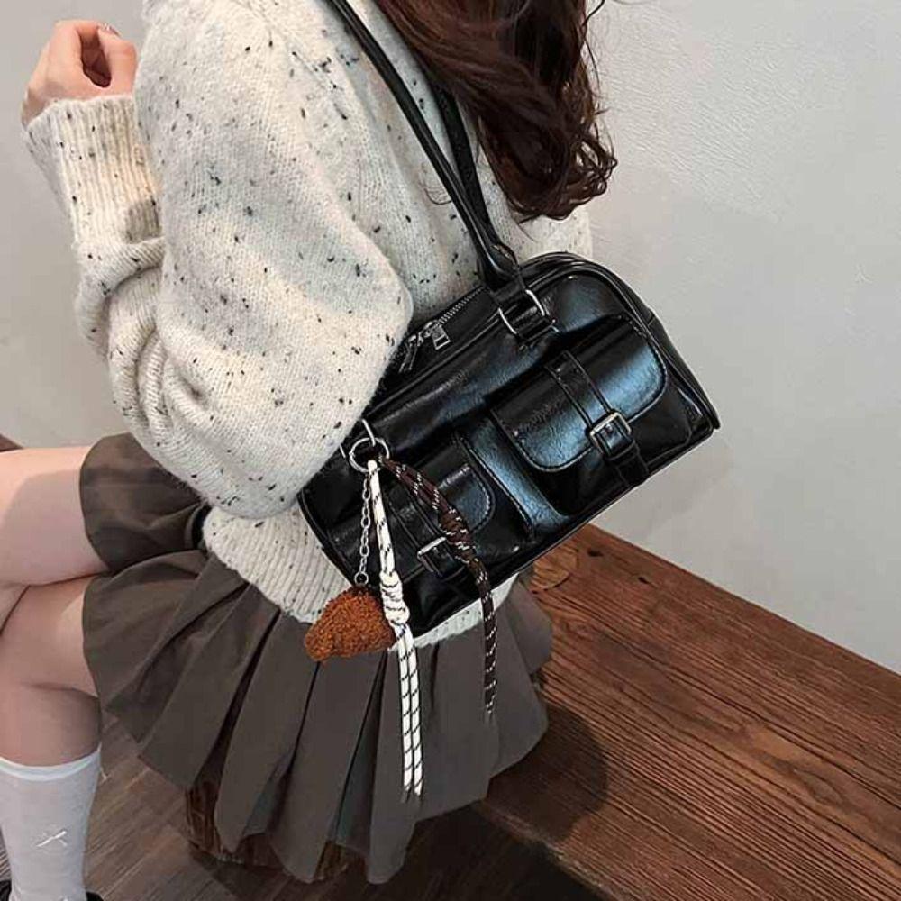 Korean Style PU Bowling Bag Handbag Underarm Bag Casual Pocket Boston Tote Bag  Portable