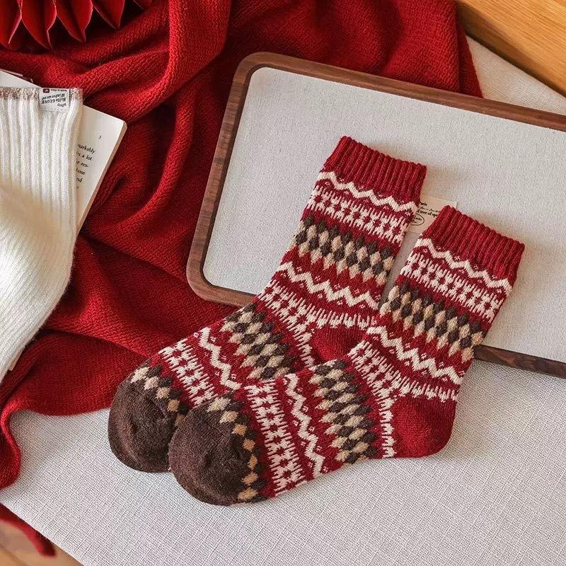 New Year'S Red Sox Women'S Middle Horse Year Wool Pile Socks Vintage Diamond Plaid Women'S Socks Trendy Socks