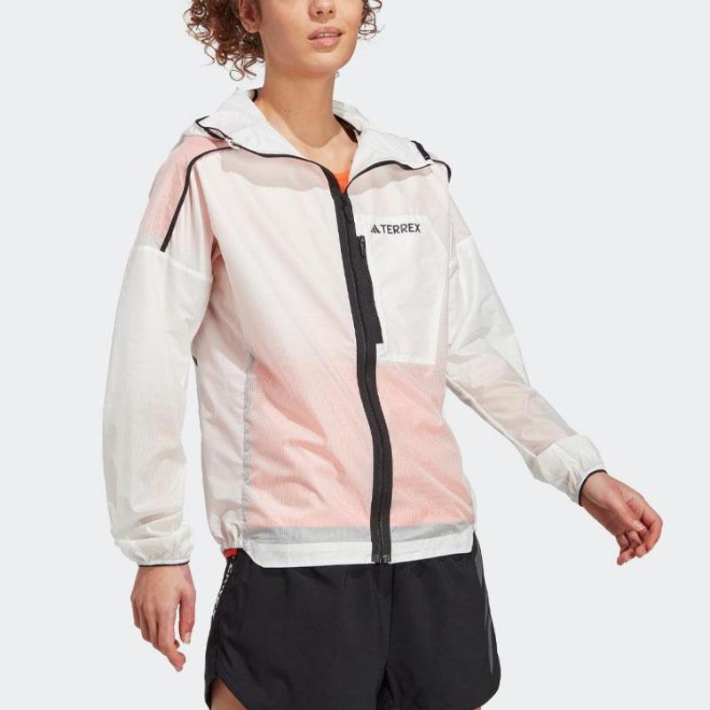 Adidas Classic Logo Print Outdoor Sports Hooded Jacket Lightweight Casual Outerwear Women White HT9405