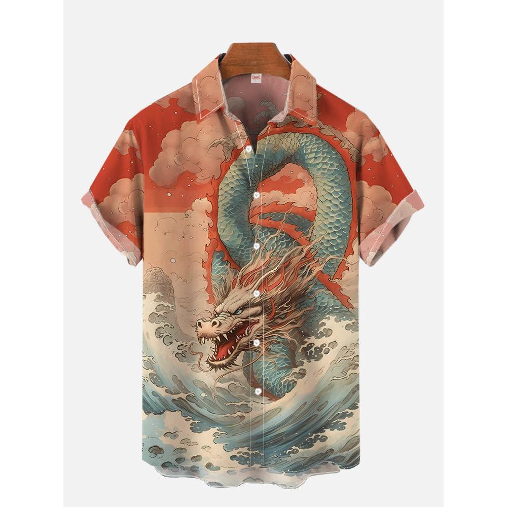 Men's Shirt Dragon Print Casual Daily Tops 3D Printing Short Sleeve Shirt Summer Fashion Unisex Hawaiian Samurai Cat Shirts