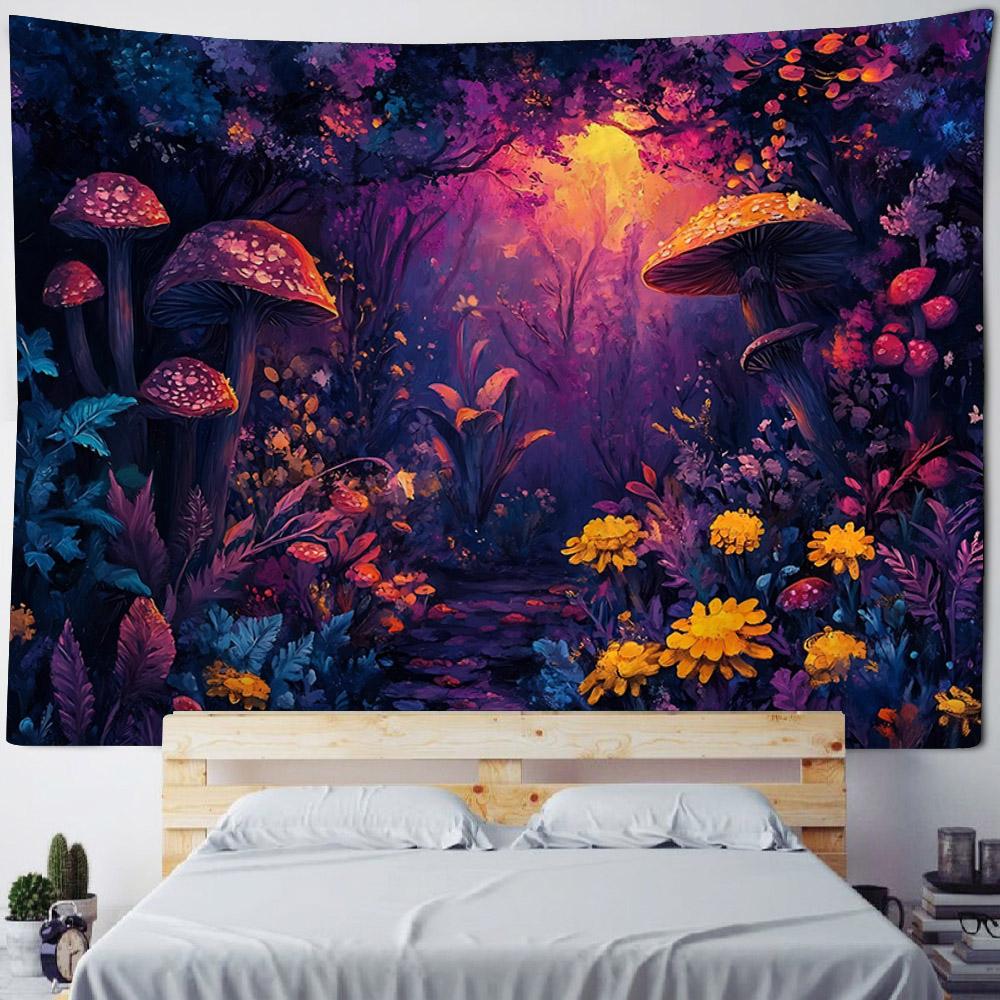 Tapestry, Psychedelic Forest Mushrooms, Room Decoration, Starry Sky, Plants, Cartoons, Bedroom Art Decoration Wall Hanging Cloth