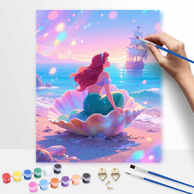 disney digital oil painting hand painting kit diy home decoration little mermaid sea shell ocean ship sunset wall art decor 20x30cm