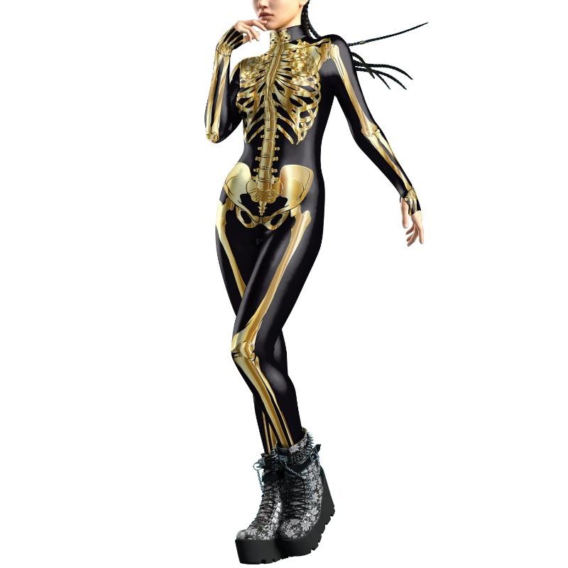 Halloween Cosplay Costumes For Women Skeleton Printed Long Sleeve Bodysuits Slim Elastic Fancy Outfits Catsuit