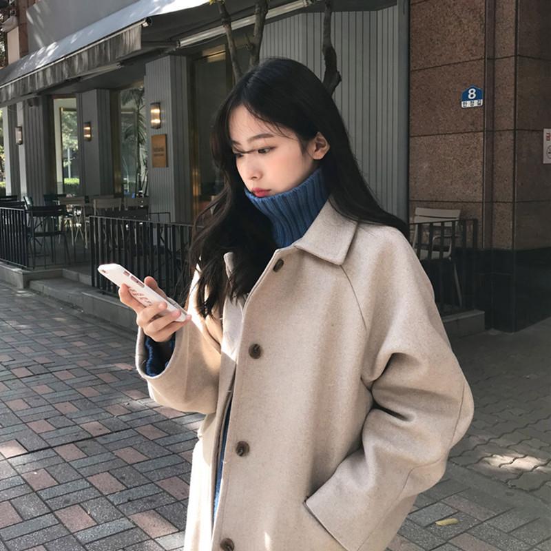 Women's Mid-Length Black Wool Coat - 2026 Autumn/Winter Korean Style, Loose Slimming Fit, Over-the-Knee Hepburn Style