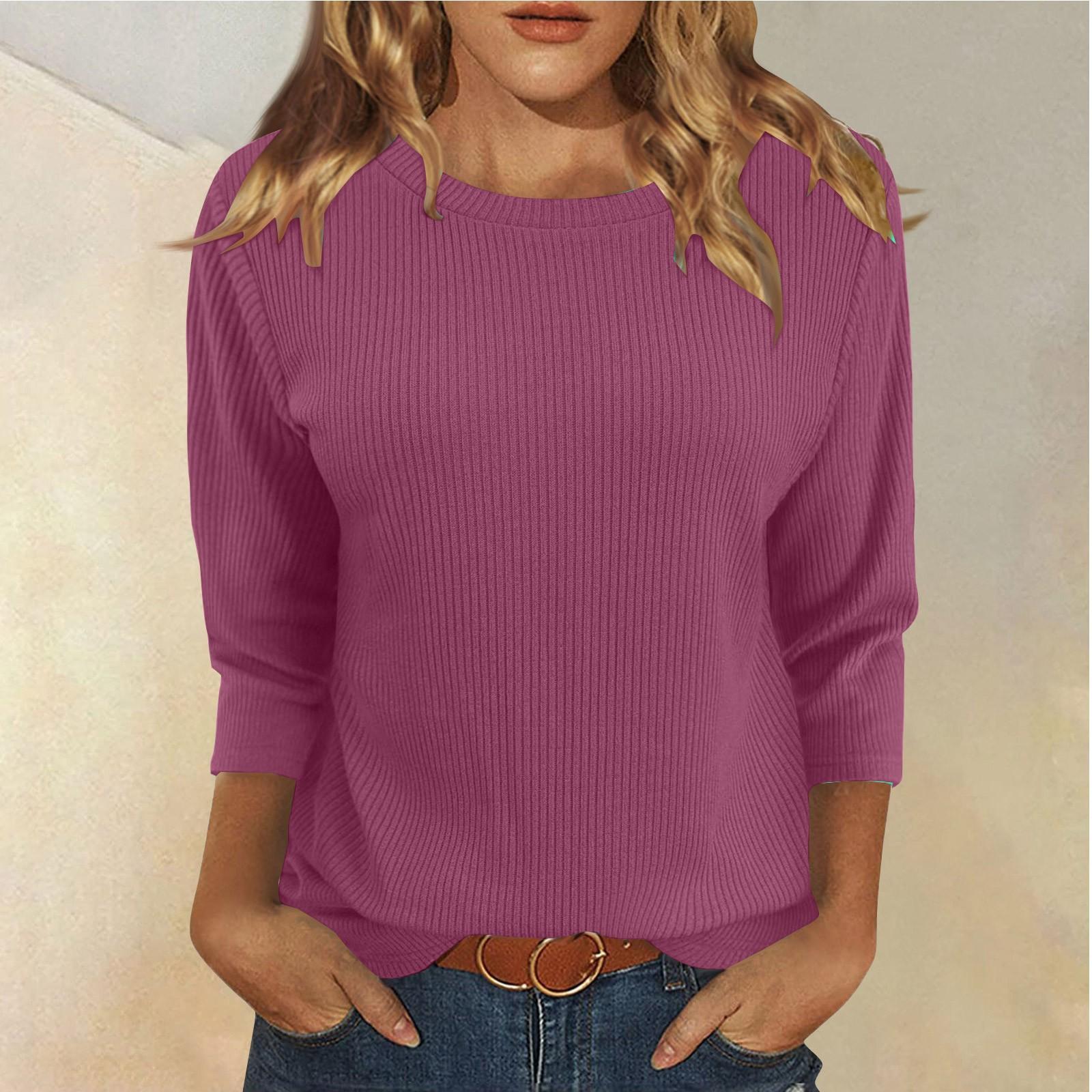 

Жіноча модна осінньо-зимова повсякденна футболка з круглим вирізом і круглим вирізом, суцільна кольорова футболка з рукавом три чверті, жіночий одяг S фіолетовий