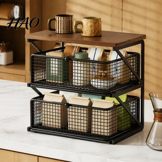 Multi Tier Storage Shelf Coffee Station Organizer with Drawer, Tiered Bar Organizer, Wooden Top Shelf, Capsule Wire Mesh Drawers for Tea Bags,