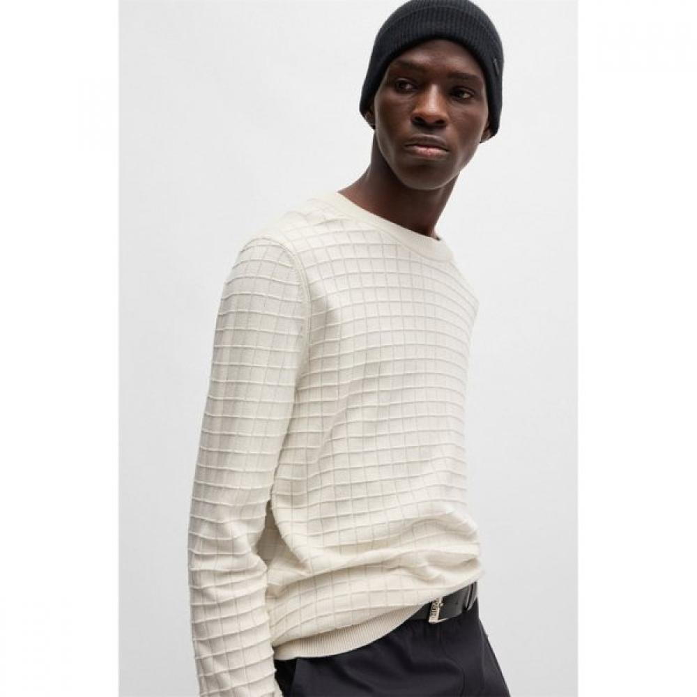Hugo Regular Fit Organic Grid Pattern Knit Sweater Natural 50524546101 