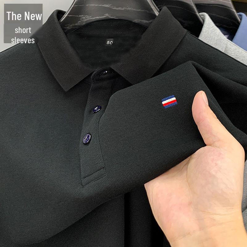 

Лето 2024 г. Мужская рубашка-поло с вышитым цветочным узором — короткий рукав, однотонная, дышащая повседневная футболка L чёрный