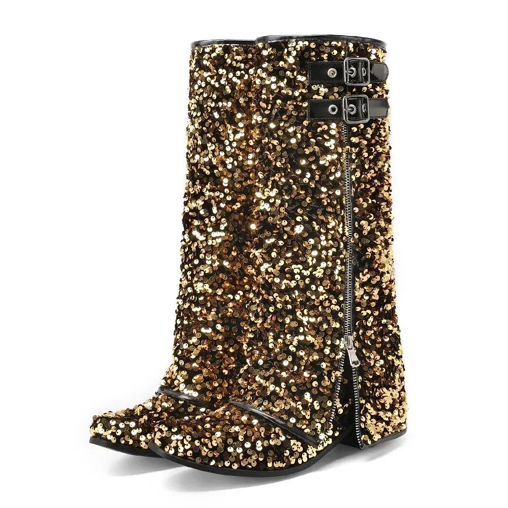 Módní dámské kozačky do půli lýtka s ohrnutým lemem, růžová látka se třpytkami, fialové vysoké blokové podpatky, zimní zateplené, kulatá špička, zip, kozačky nad půlku kalhot