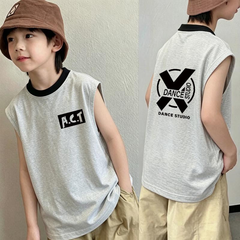 Korean Style Boys' Cotton Cartoon Color Block Sleeveless T-Shirt, Ages 6-12, New Summer Patchwork Vest Top