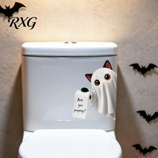 Creative Halloween Wall Murals Bathroom Sticker, Cute Ghost Witch Cat Toilet Decal, Spooky Pattern Decor Skeleton Are You Pooping Sticker for Humorous