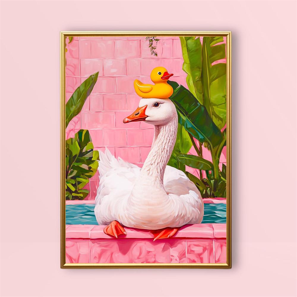 Goose in Bath Prints Rubber Duck Poster Pink Bathroom Wall Art Canvas Painting Funny Animal in Bathtub Dopamine Decor