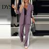 Women Coat Pants Suit 2 Pcs/Set Lady Formal Set Turn-down Collar Single-breasted Long Sleeves Button Decor Trousers Jacket Loose Striped Wide