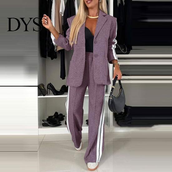 Women Coat Pants Suit 2 Pcs/Set Lady Formal Set Turn-down Collar Single-breasted Long Sleeves Button Decor Trousers Jacket Loose Striped Wide
