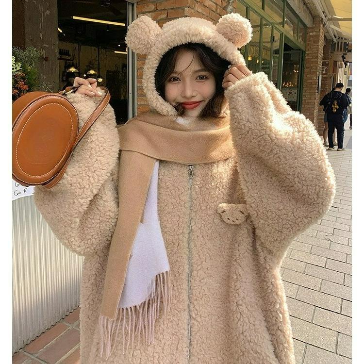 Bear Ears Lamb Wool Sweater Women's Cardigan Zipper Autumn and Winter Woolen Lazy Wind Jacket Women