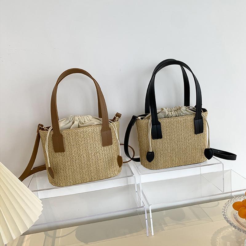 Knit Travel Bags Straw Woven Beach Bag Wrist Pack Women Handle Female Bucket Tote Bags Rattan Ladies Purses Handbag