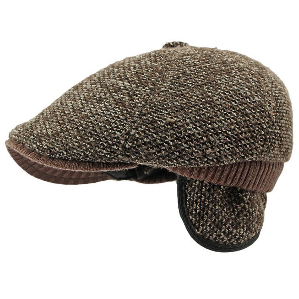 

HT4538 Berets Men Winter Wool Beret Hat Thick Warm Octagonal Earflap Cap Male Knitted Hat Ivy Flat Cap Fleece Lined Beret Caps 55-60cm Adjustable кавовий