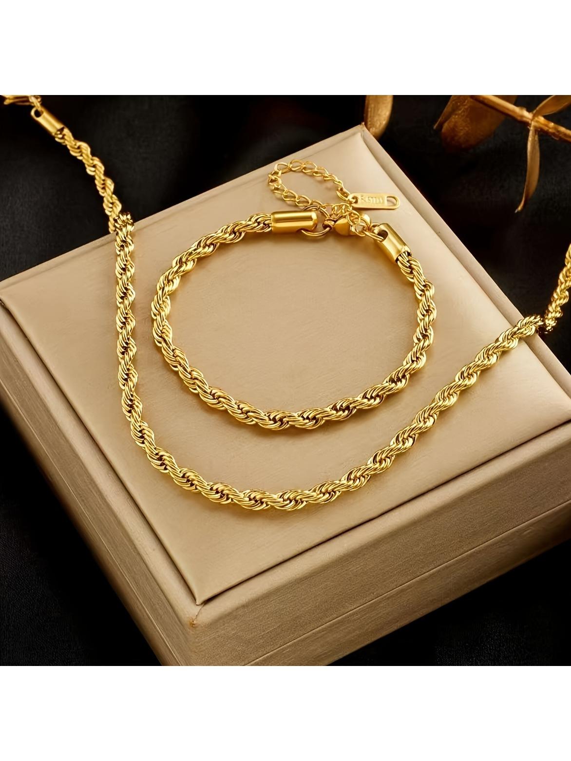 

2Pcs New Gold Color Necklace Bracelet Set Elegant and Simple Design Couple Holiday Party Jewelry Accessories for Ladies Gift