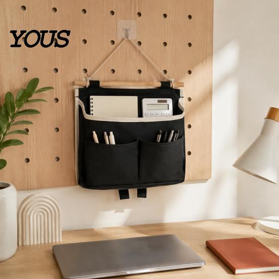 Dorm Room Essentials for Students Wall Hanging Storage Bag with 3 Pockets, Cotton And Linen Waterproof Organizer Bedroom Pouch, Over The Door