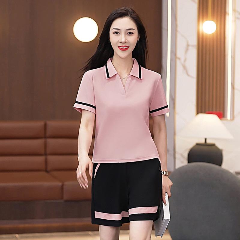 Women's Summer Loose Casual Short Sleeved Running Collar Sportswear Set Two-piece Set