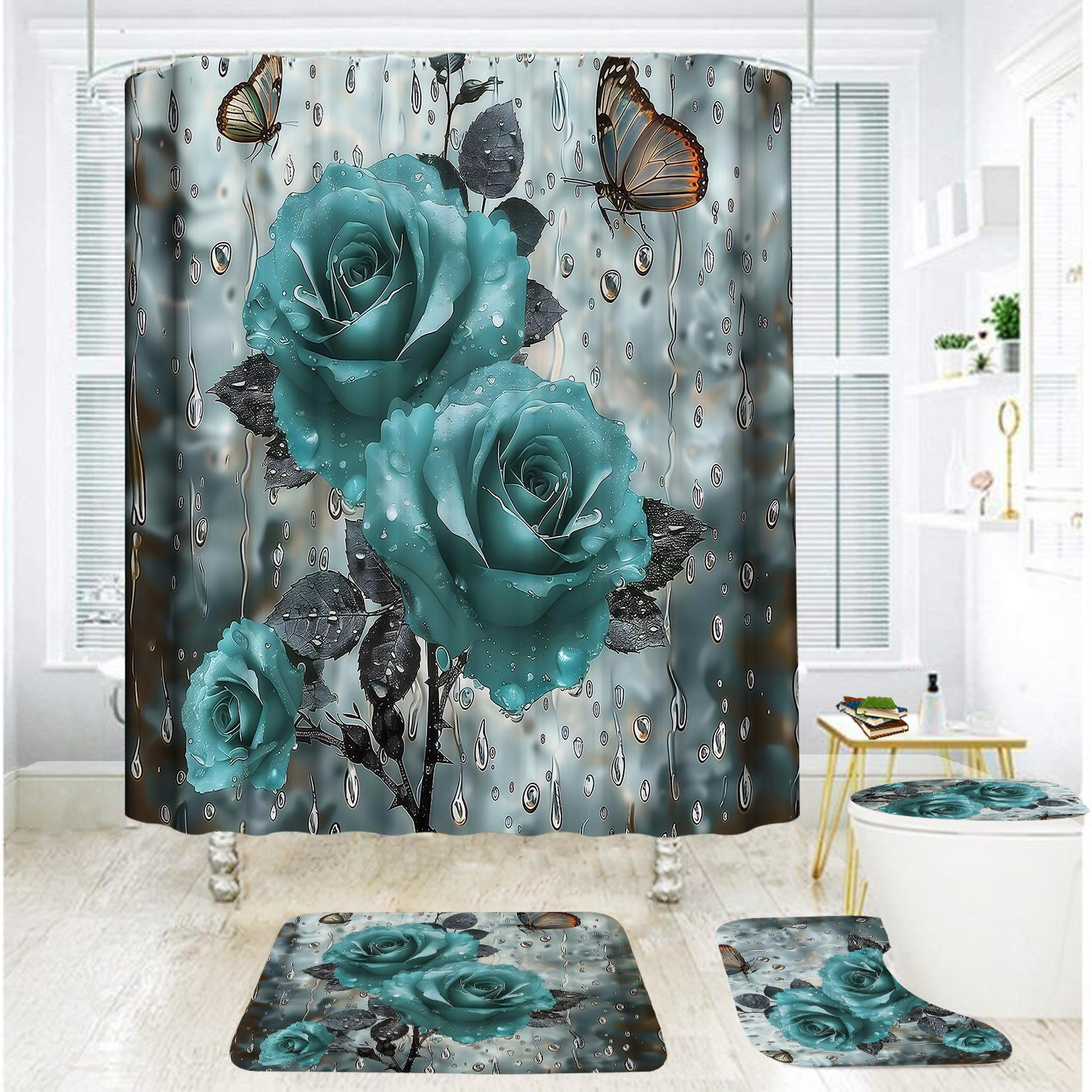 

Занавеска для душа в ванной комнате из четырех частей, цифровая печать, роза ко Дню святого Валентина, водонепроницаемая занавеска для душа, перегородка для душа 3 set