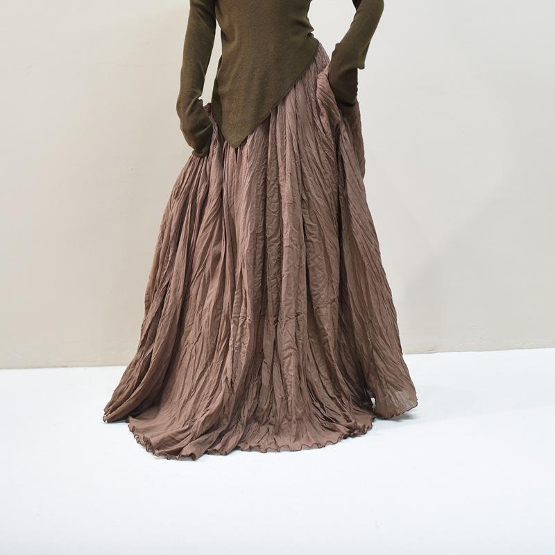 Women's Linen Maxi Skirts Summer Boho Solid Beach Elastic High Waist Pleated A-Line Flowy Swing Long Maxi Skirts Elastic Waist Long Skirt for Women