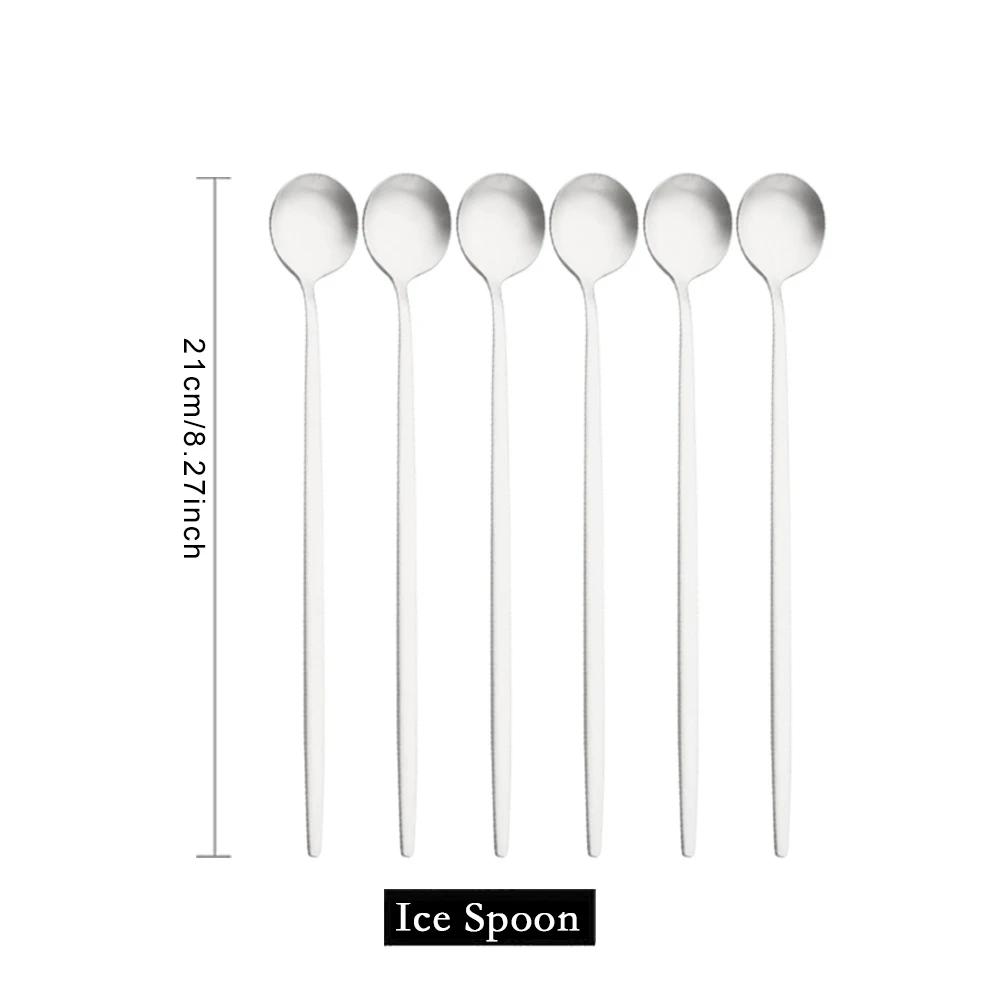 6Pcs Silver Tableware Set Knife Fork Long Handle Spoon Dinnerware Dessert Flatware Matte Cutlery Stainless Steel Silverware