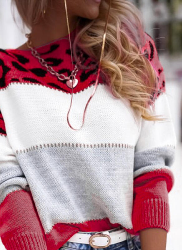 Europäische und amerikanische Pullover Damen Neu Vielseitig Leopardenmuster Pullover Oberteil Farbkombination Ein-Wort-Hals Pullover Unterzieher Gestrickter Pullover