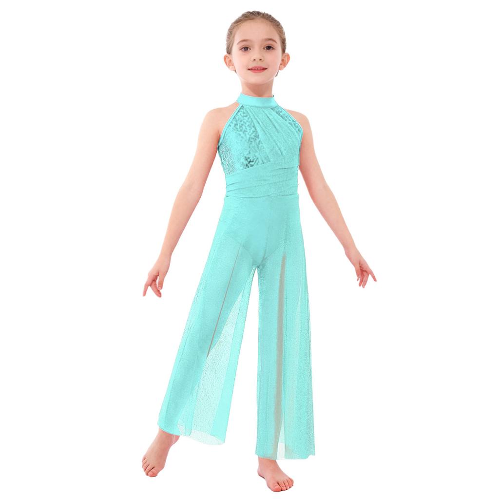 Salopetă Lirică pentru Fete Copii: Body fără mâneci cu guler înalt și spate cu bretele încrucișate, cu paiete strălucitoare și plasă irizată, cu craci largi