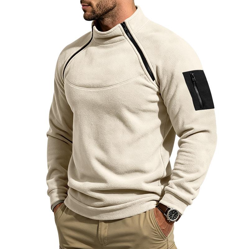 Men Fleece Casual Sweatshirt Half High Collar Long Sleeve Pullover Tops Arm Zipper Pocket Trend Loose Warm Outdoor Sport Men's Hoodie