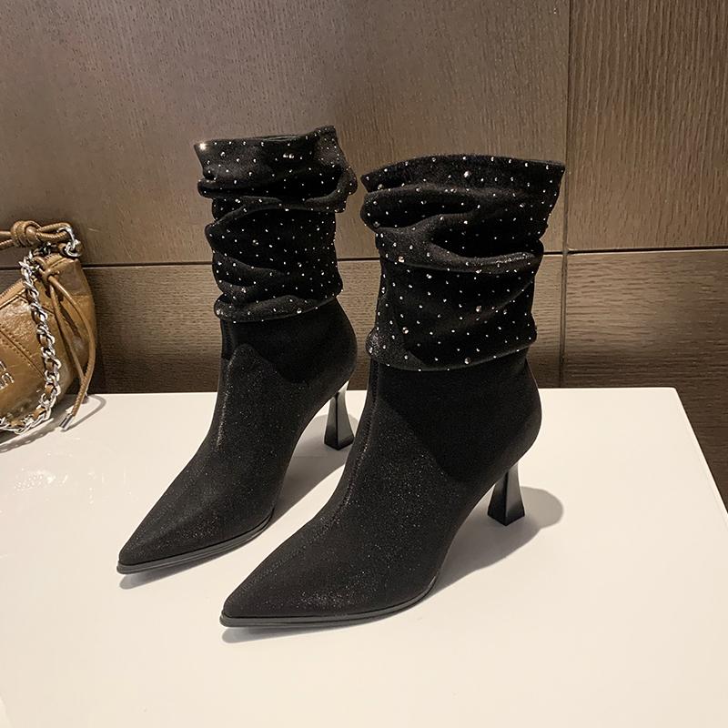 Fashion Elegant French High Heel Slim Boots Spring Autumn Winter New Pointed Elastic Sleeve Thin Heel Stack Boot Women's Boot