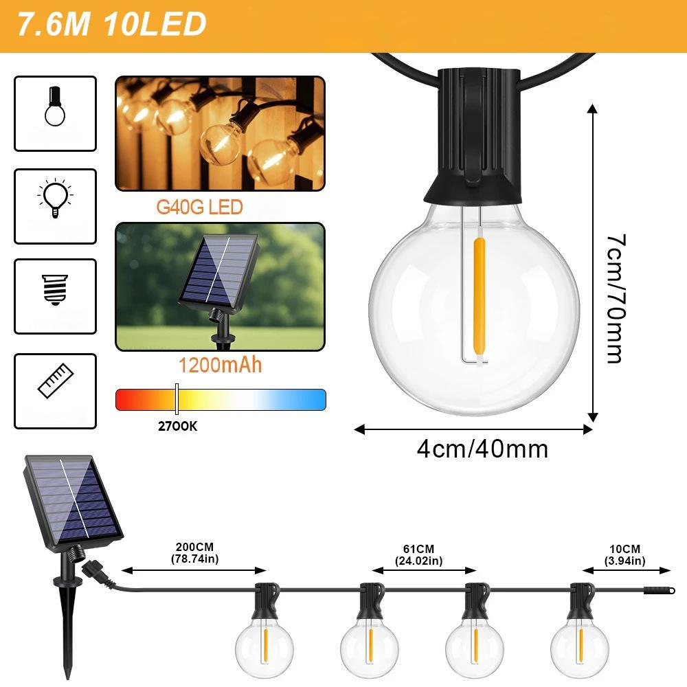G40 Bruchsichere Lichterkette Solarbetriebene LED-Terrassenleuchte Wohnmobil Garten Wasserdichte Hängelichter für Gartendekorationen