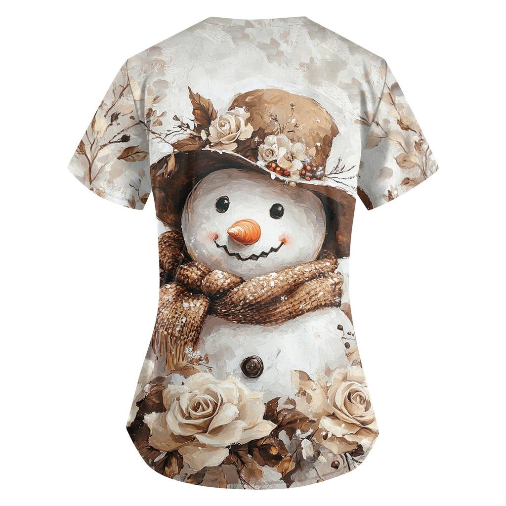 Kadın Sevimli Baskılı İş Kıyafetleri V Yaka Çift Katmanlı Cepler Temel Kısa Kollu Üst Kazak Noel