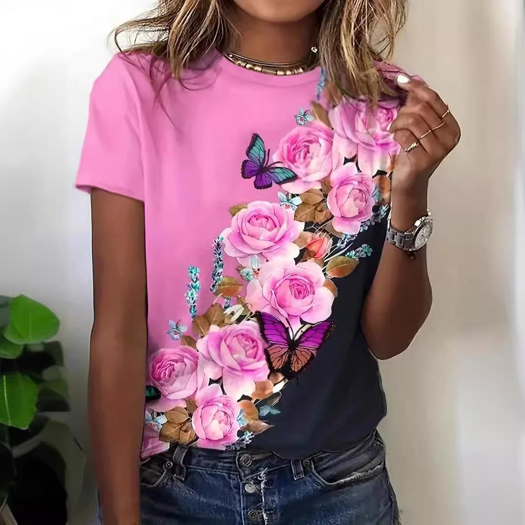 Spring and Summer New Niche Retro Cute Flower 3D Printed Round Neck Short Sleeved T-shirt