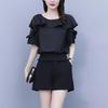 Women's Summer Suit Waistband Lace Openwork Off The Shoulder Short Sleeve Tops Wide Leg Pants 2 Two Piece Set for Women