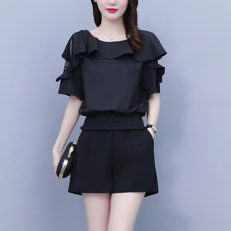 Women's Summer Suit Waistband Lace Openwork Off The Shoulder Short Sleeve Tops Wide Leg Pants 2 Two Piece Set for Women