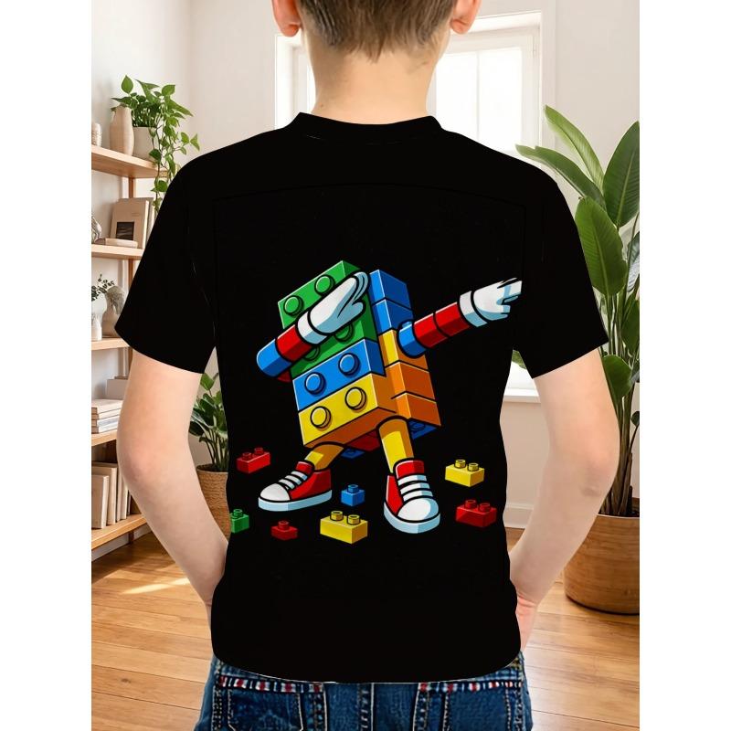 Boys Crew Neck Short Sleeve T-Shirt with Building Blocks Cartoon Robot Print