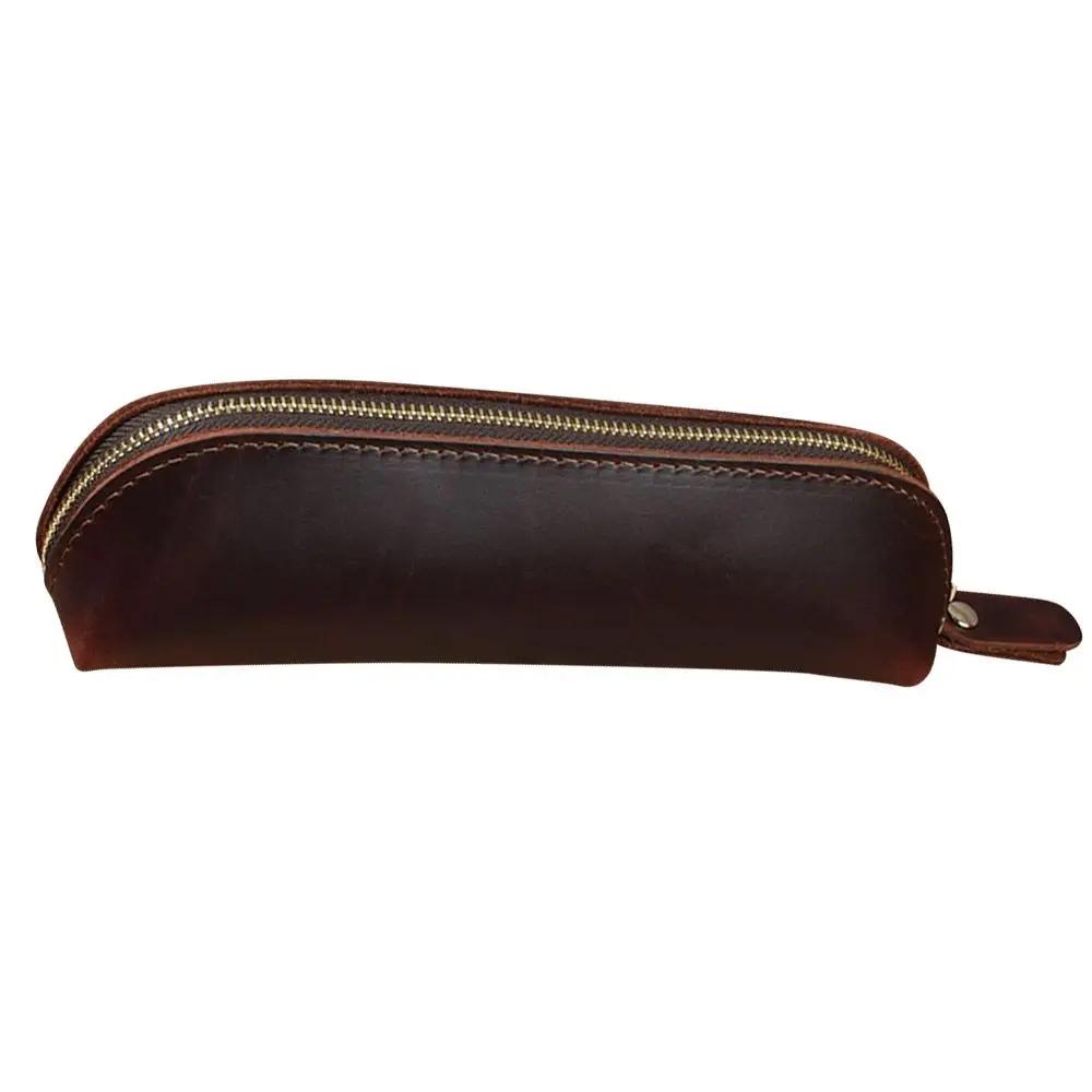 Cowhide Pencil Bag Retro Style Zipper Pen Case School Supplies Office Stationery Pen Storage Glasses Bag