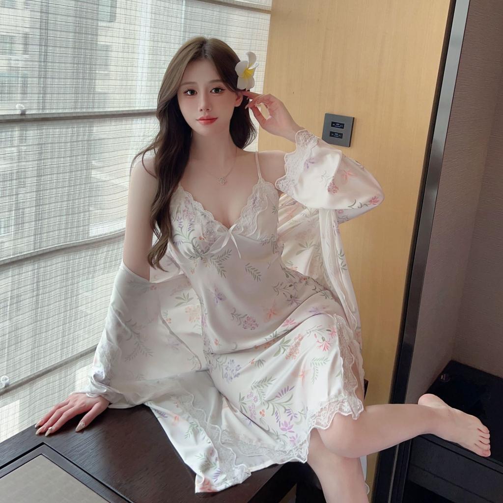 Ice silk pajamas women's new suspender nightgown ins nightgown two-piece set with chest pad sexy printed loungewear long sleeves