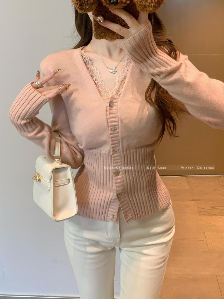 Korean V-Neck Lace Splicing Cashmere Cardigan – Women's Waist-Cinching Sweater for Early Spring