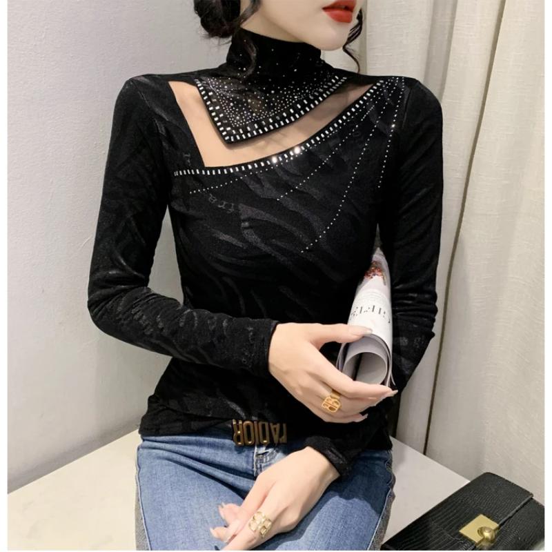 Spring Autumn Classic Women Turtleneck Long Sleeved T-Shirt Fashion Sexy Hot Diamonds Tees Elastic Slim Girl Tops Blouse