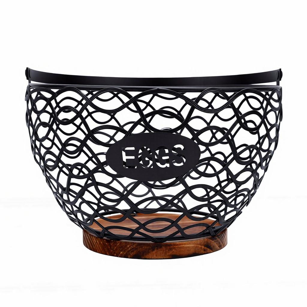 Egg Basket Multifunctional Wire Egg Collecting Basket with Wooden Base for Kitchen Countertop