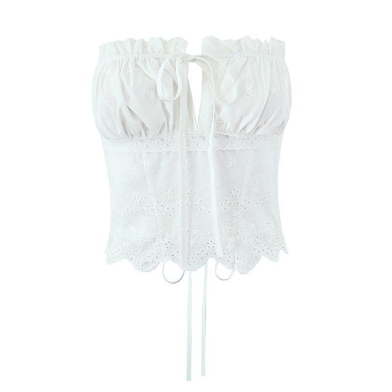 

Sanya Bali French Pure Desire Style Embroider Lace Tube Top Tops Asymmetrical Skirt Island Holiday Cover White Tube Top L