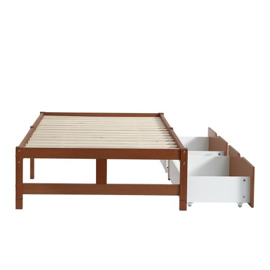 Children Bed, Flat Bed, Wooden Bed, Vintage Wood Color, Two Drawers with Castors, Adolescents And Adults, Pine Frame, Sturdy Slatted Frame, 90x200cm