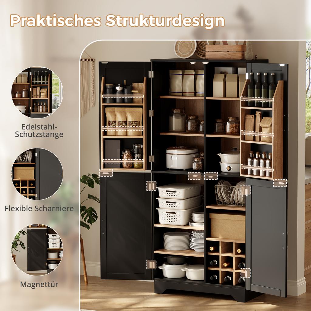 Mobile da Cucina, Alto con 4 Ante a Scomparsa, Portabottiglie e Ripiano sulla Porta, per Soggiorno e Sala da Pranzo, 80 x 40 x 180 cm