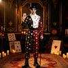 Halloweenový temný cirkusový klaunský overal s potiskem pokerových karet pro cosplay a kostýmovou párty